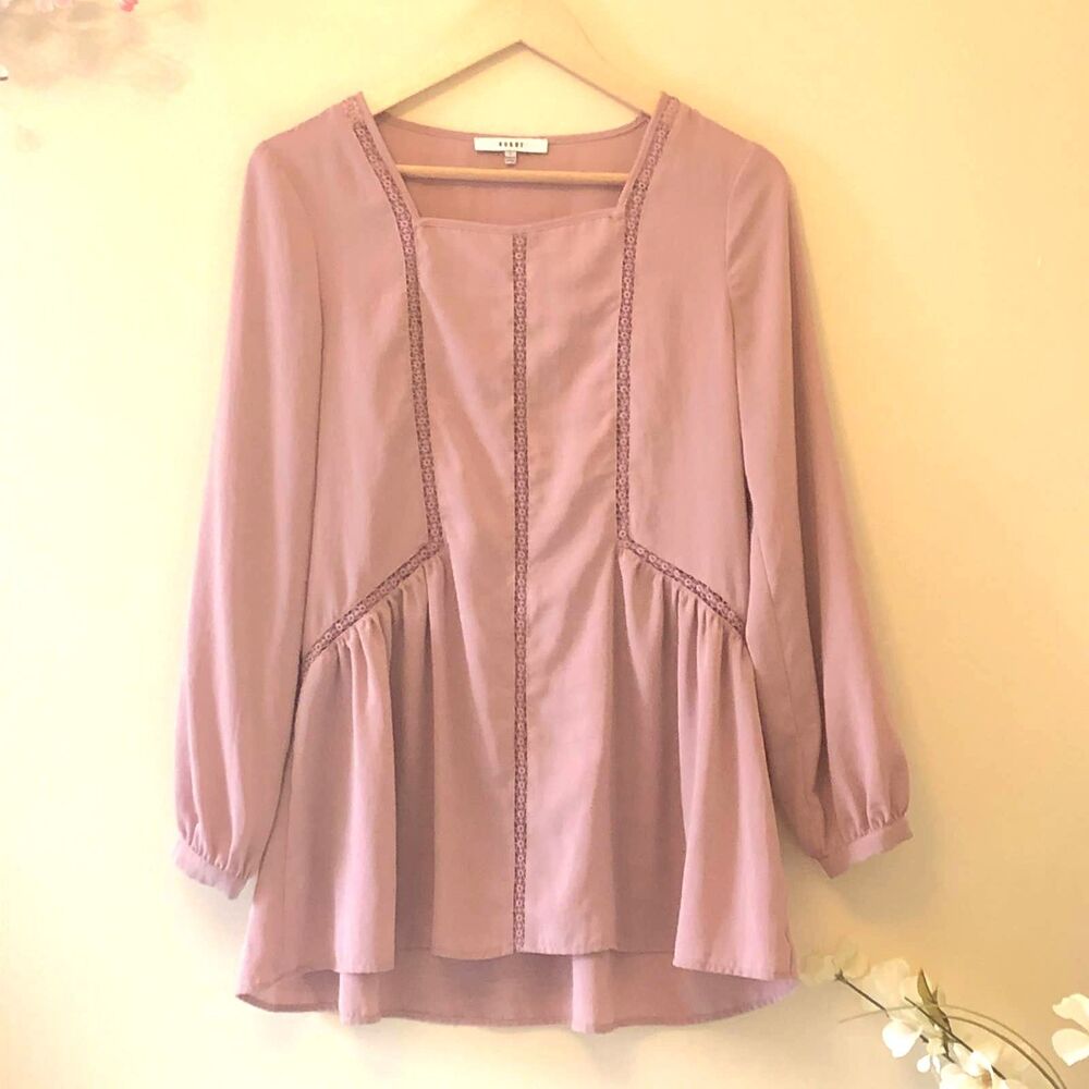 RO & DE Shirt Peplum Tunic Top Boho Square Neck Mauve Size S